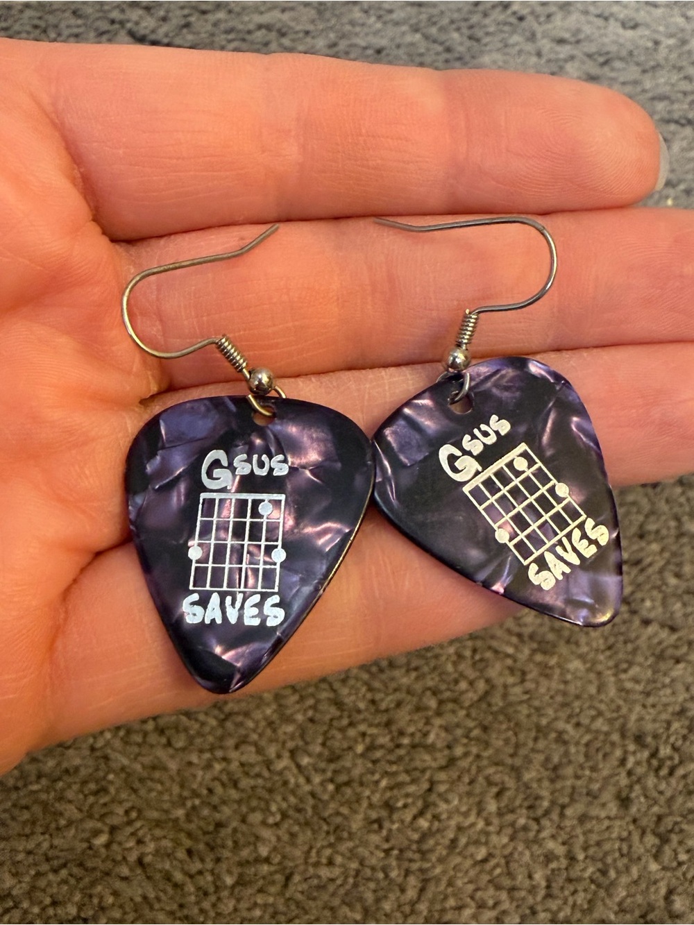 Purple Guitar Pick Earrings "Gsus Saves"